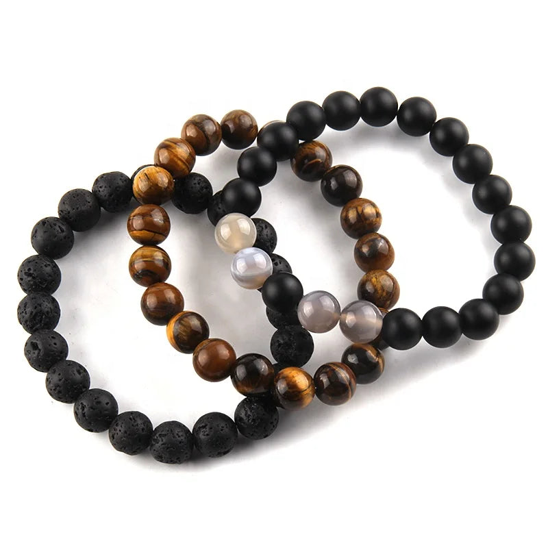 Men Customizable Handmade Jewelry 10mm Mixed Tiger Eye Black Gemstone Wood Bracelet