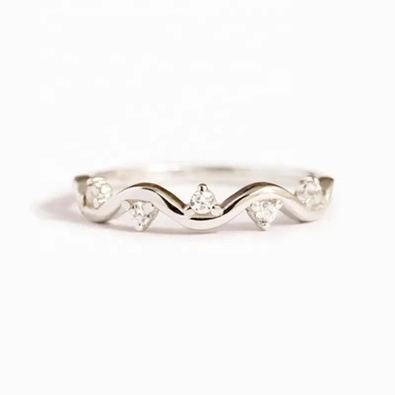 925 Sterling Silver Fashion Minimalist Dainty Wave Pattern Women Bridal Zircon Jewelry Ring