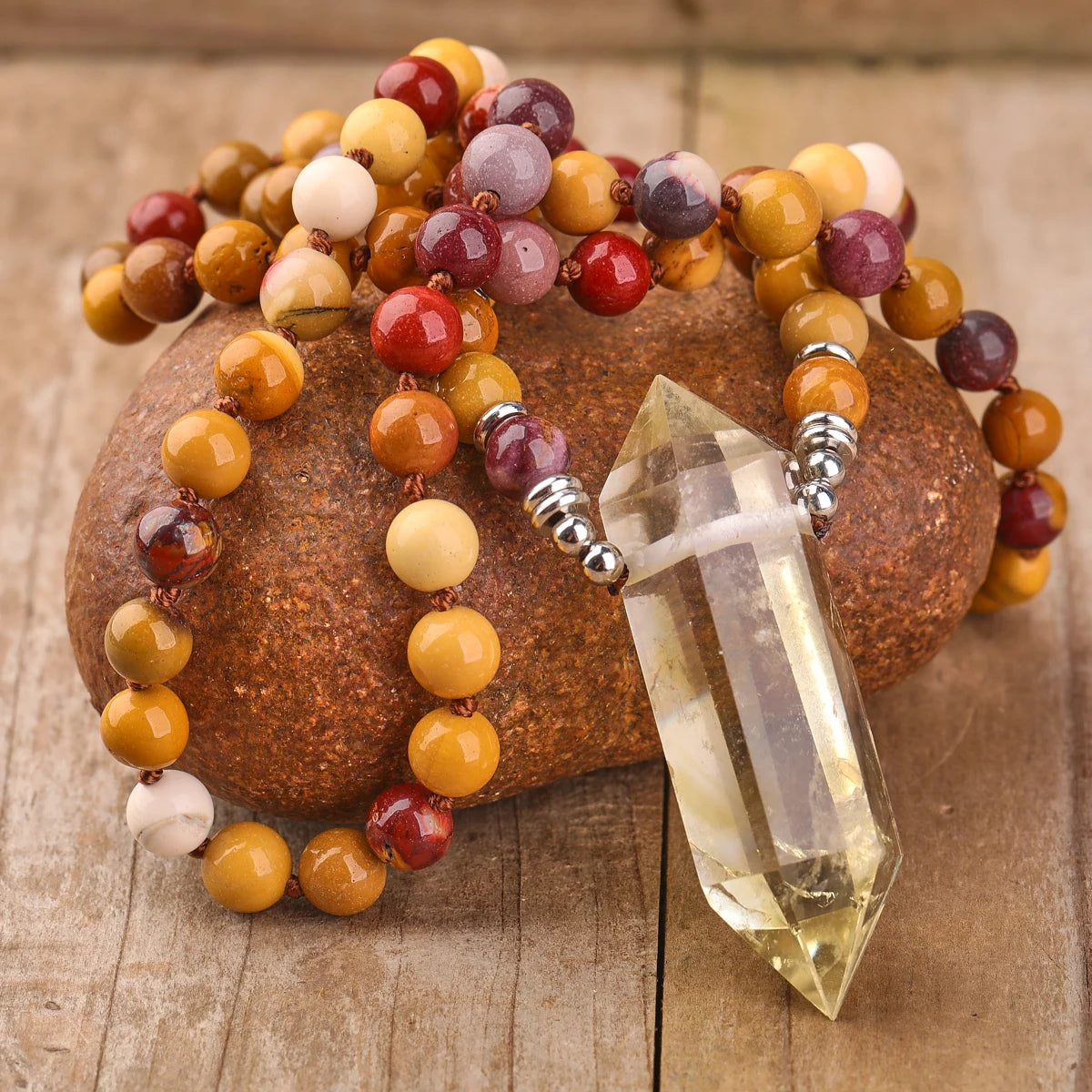 Fashion Yoga Classic Strand Necklace Healing Mookaite Mala Beads Natural Citrine Crystal Point Prayer Unisex Gift