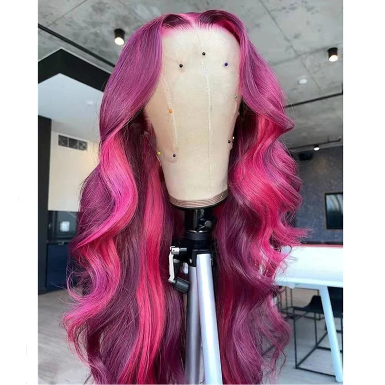 Rainbow Lace Front Wig Body Wave Ombre Pink/Red Color European Virgin Hair Transparent Lace Wigs