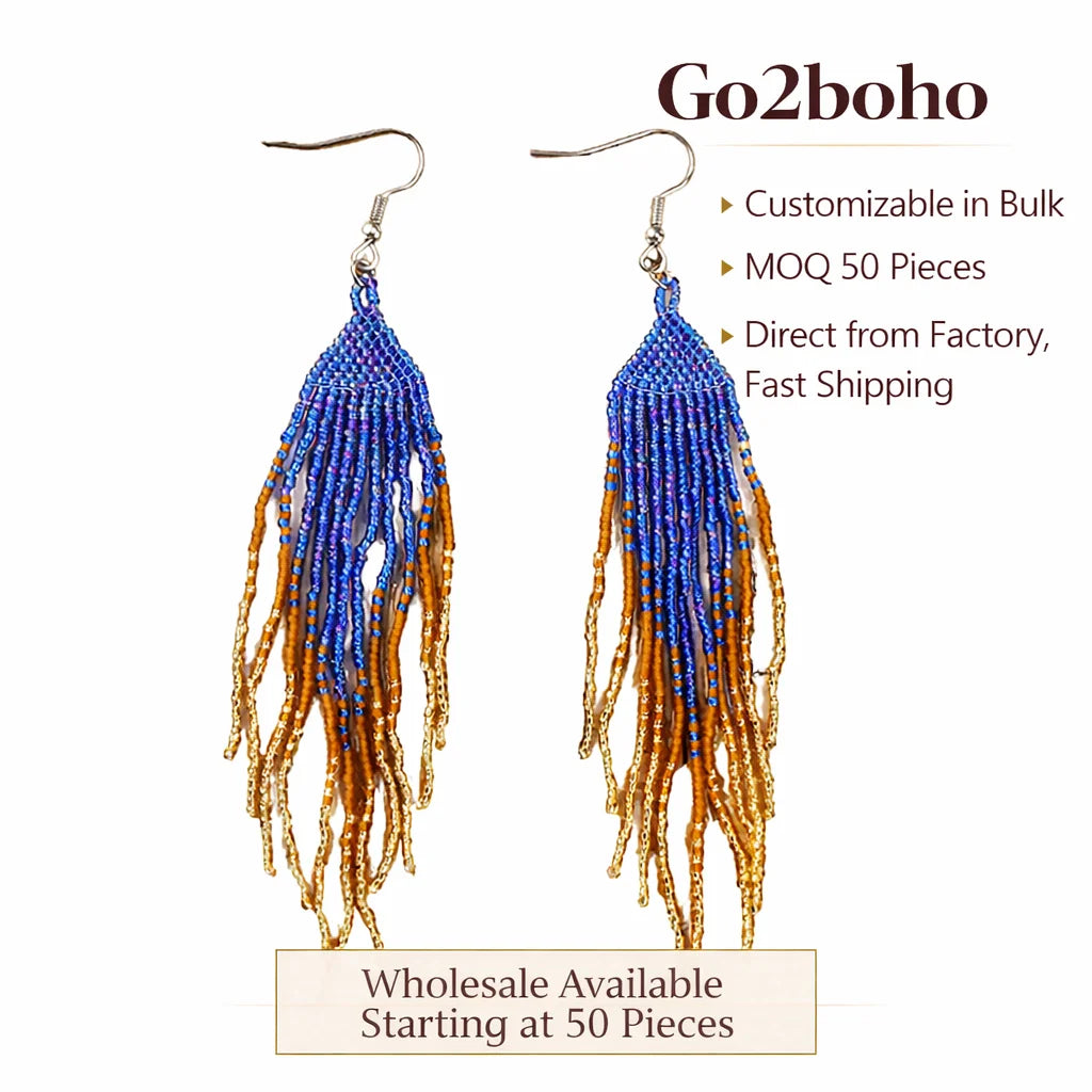 Go2boho Women's Geometric Bohemian Summer Gold-Plated Tassel Earrings Handmade Seed Bead Dangle Jewelry Fashionable Gift for