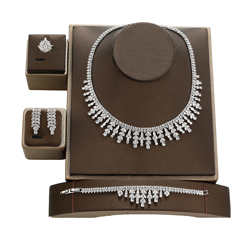 Dainty Big Statement Heavy Cubic Zirconia Women's Long Tassel Wedding Necklace  Pageant Jewelry Set for Brides BN8744