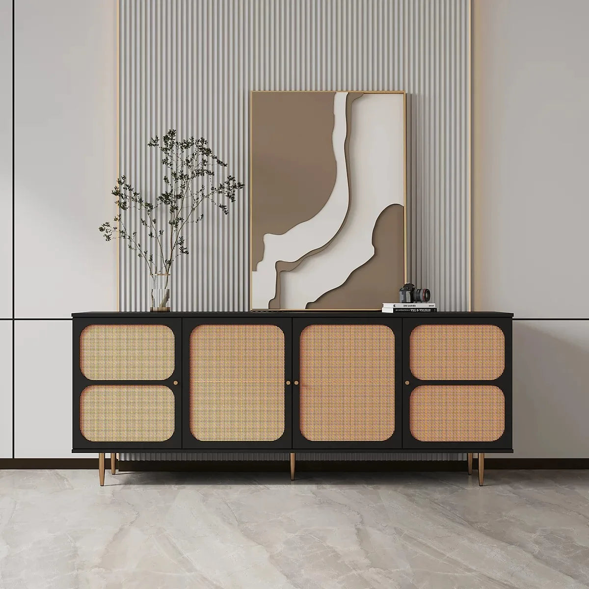 Modern Luxury Sideboard Buffet Cabinet Sideboard Metal Legs Wooden Bamboo Weaving Cabinet Rattan Furniture