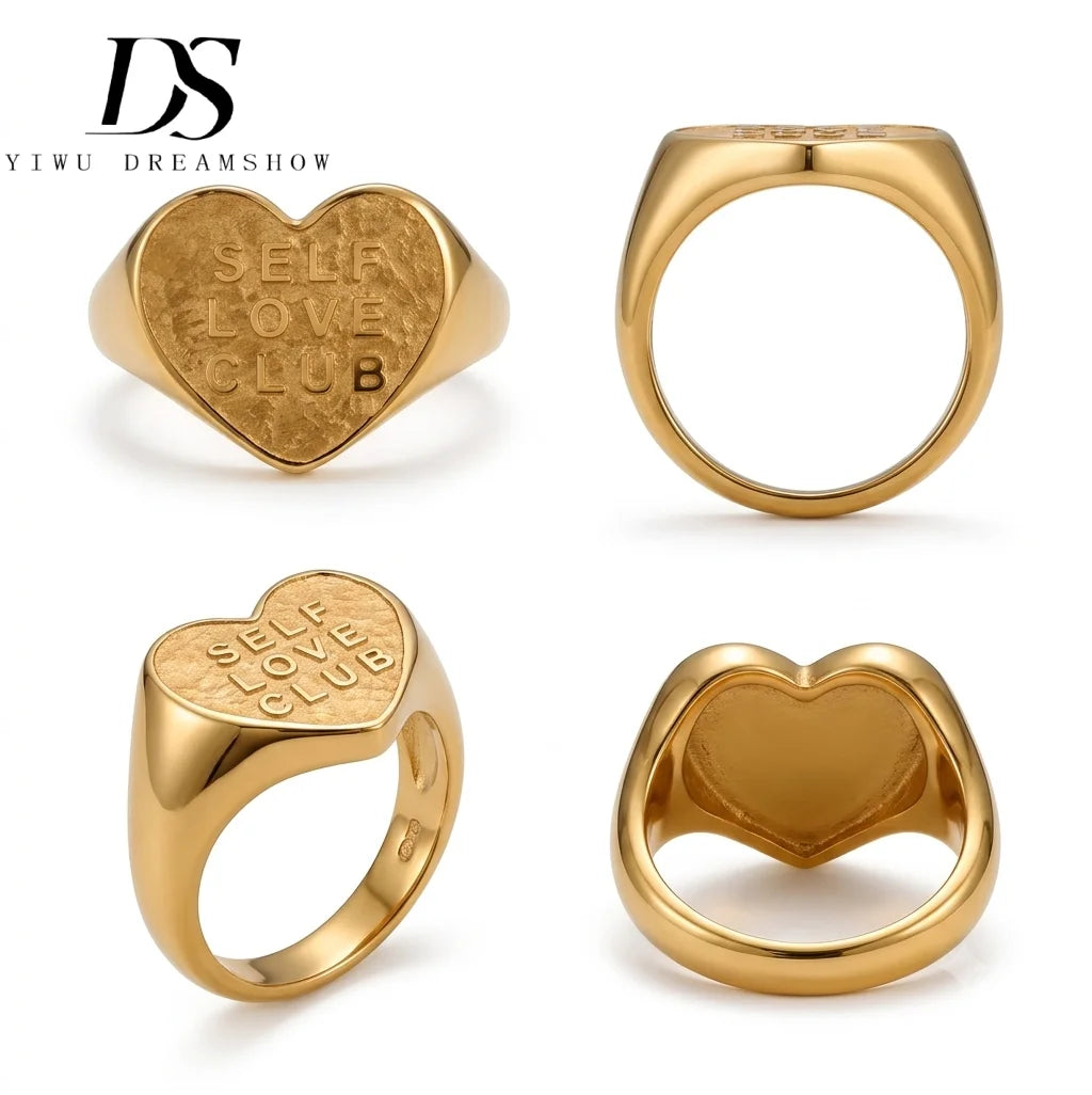 Chunky Finger Rings Women Jewelry Heart Shape Nameplate Letter Rings 18K Gold Plated Stainless Steel Jewelry