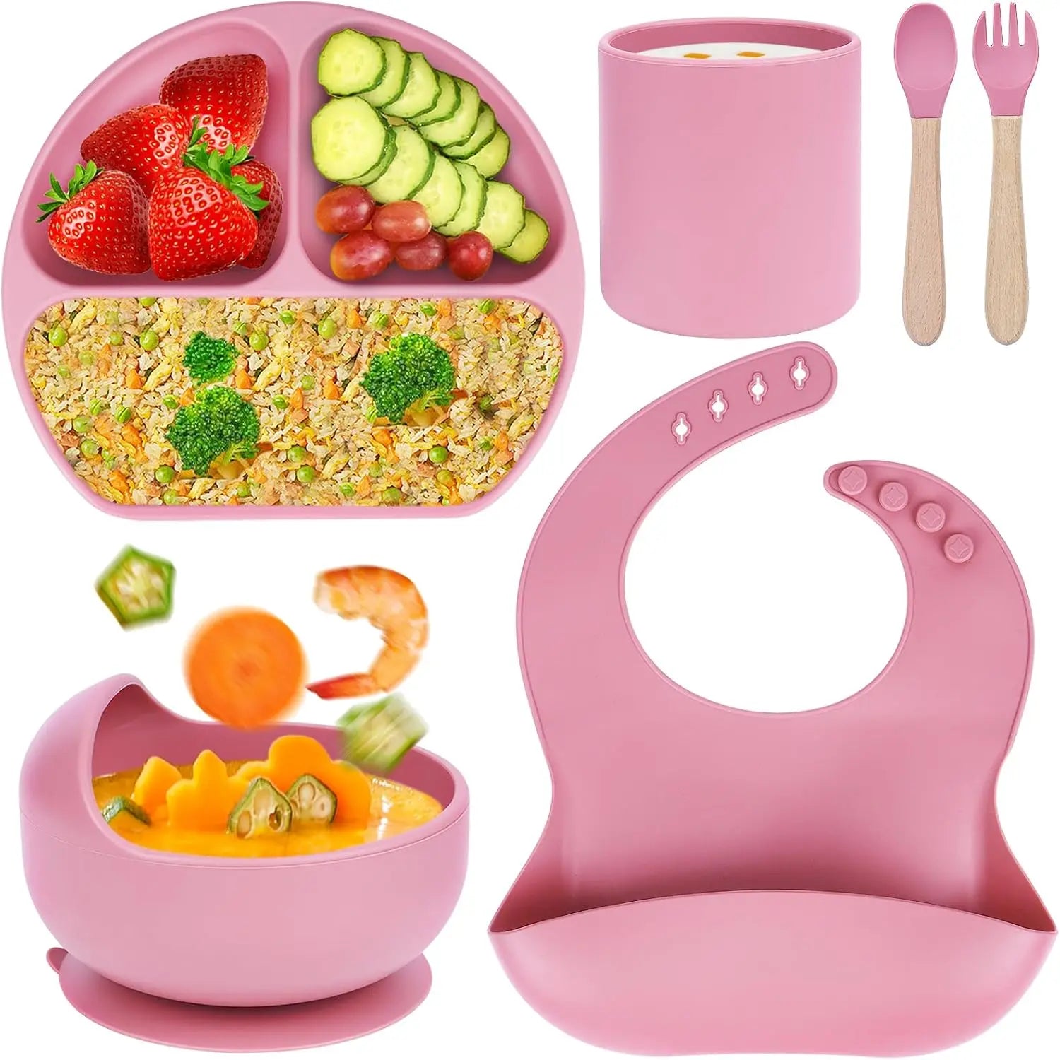 Silicone Waterproof Bib Toddler Feeding Set Baby Weaning Set Printing Bib Plate Bowl With Spoon for Baby Training Eating Dining