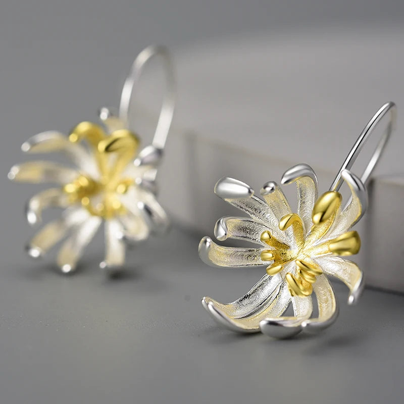 Top Elegant Chrysanthemum Flower Dangle Long Drop Hanging Earrings 925 Sterling Silver 18k Gold Plated Fine Jewelry for Women