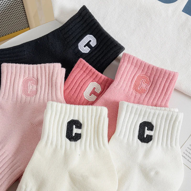 Custom Logo New Women's Solid Embroidery Letter C Fashion Combed Cotton Short Socks Half Socks