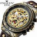 FNGEEN Retro Bronze Mechanical Watch A275 Vintage Leather Strap Skeleton Casual Watches Men Wrist Dropshipping Relogio Masculino