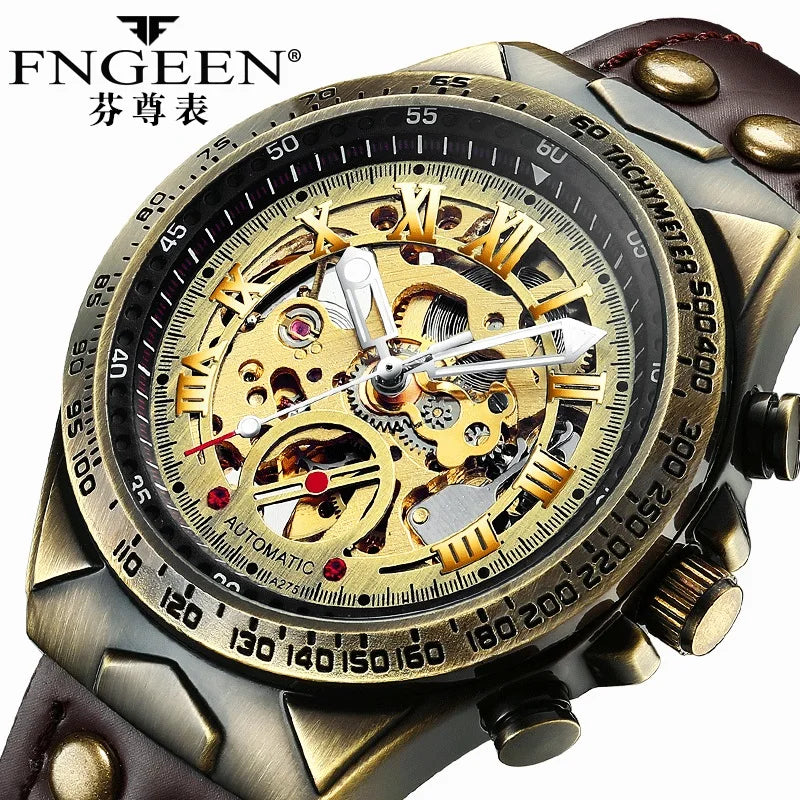 FNGEEN Retro Bronze Mechanical Watch A275 Vintage Leather Strap Skeleton Casual Watches Men Wrist Dropshipping Relogio Masculino