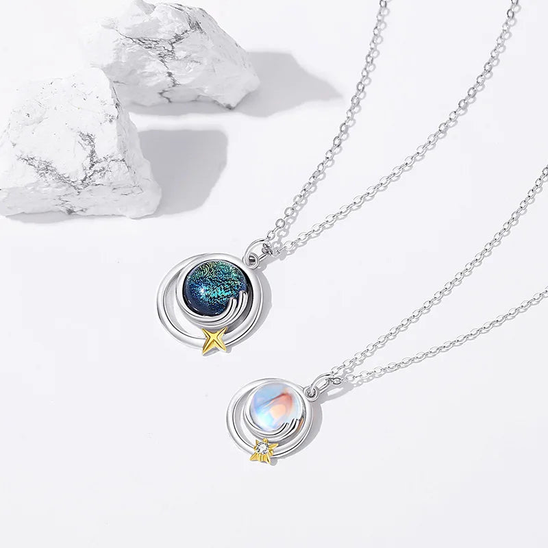 S925 Friendship Couple Necklace Korean Version Glazed Pendant Personalised Necklace Moonstone Necklace Silver