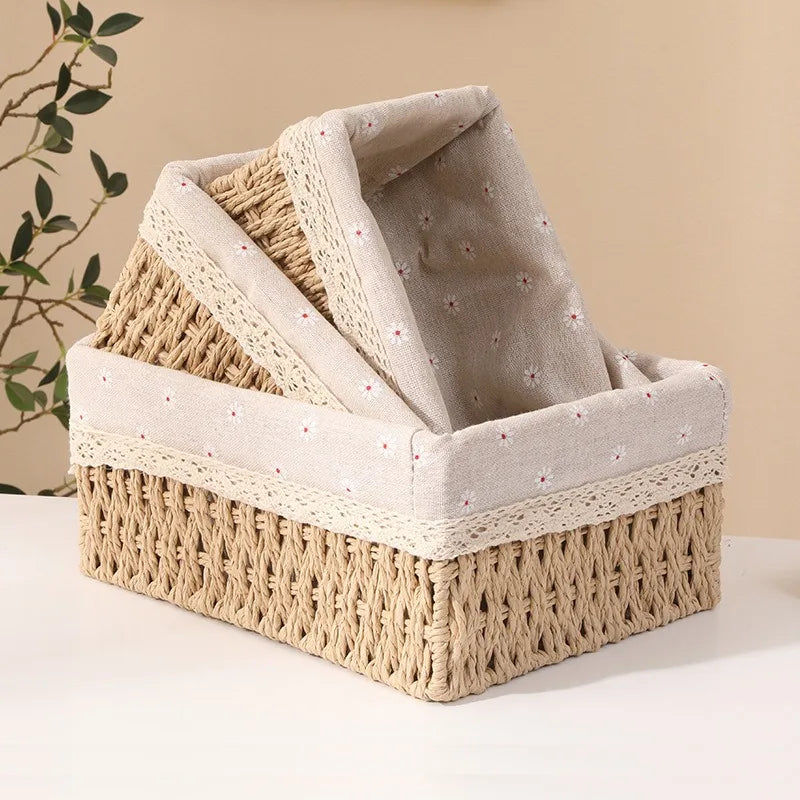 MSH 3-Piece Grass Cosmetic Organizer Set Woven Rectangular Countertop Storage Baskets
