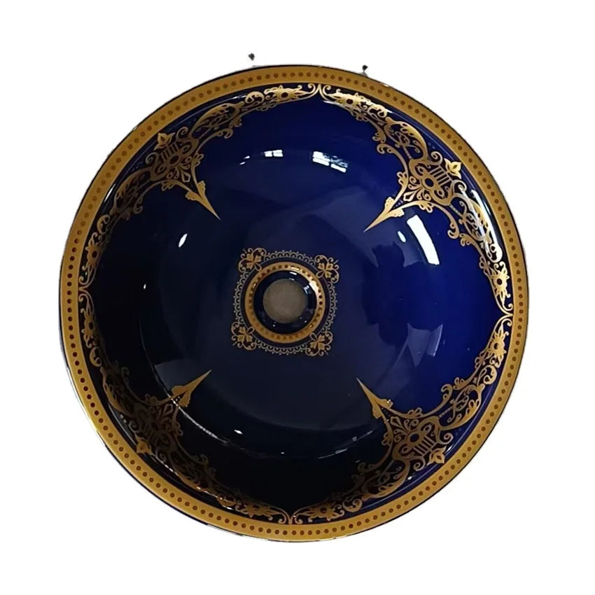 Jingdezhen Traditional Elegant Porcelain Sanitary Ware Round Dark Blue Gold Vanity Wash Basin Easy to Clean Bathroom Hand Basin