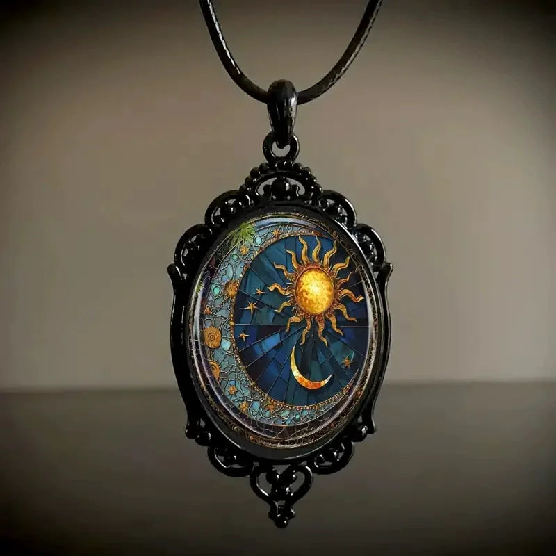 Oval Glass Pendant Necklace Sun and Moon Jewelry in Enchanting Black Frame for Wholesale N240251