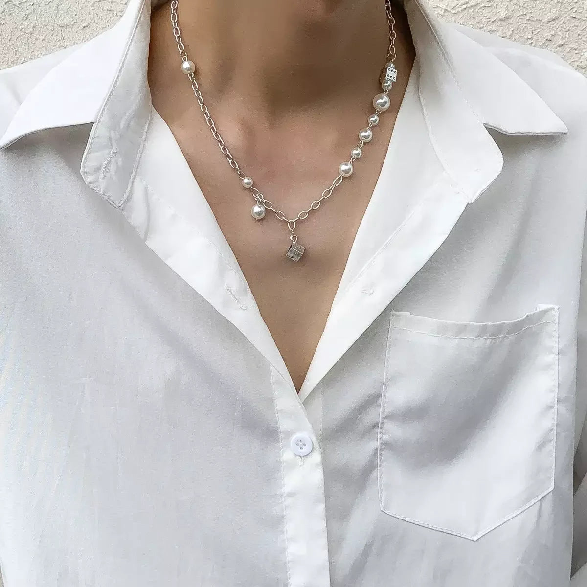 Pearl Beads Chain with Dice Pendant Necklace for Men and Women Silver Color Link Chain Necklace on the Neck 2024 Fashion Jewelry