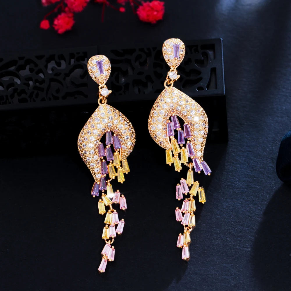 Glittering 18k Yellow Gold Plated Multicolor African Cubic Zirconia Dangling Long Tassel Drop CZ Wedding Prom Earrings for Women