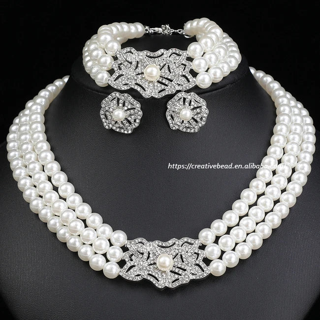 2025 Silver Plated Bride Jewelry Set Classic Style Pearl Necklace and Earrings for Wedding Party