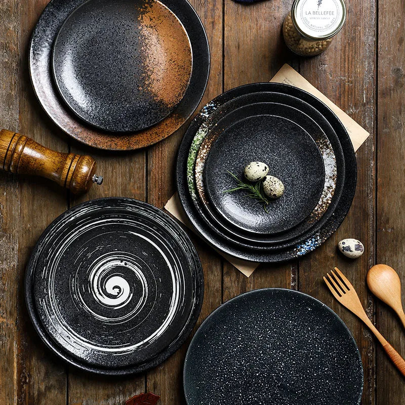 Home Stoneware Black Porcelain Plate Set-Restaurant Supplies Ceramic Tableware for Food Elegant Dinnerware Collection
