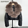 JANVENY Large Natural Fox Fur Collar 90% White Duck Down Jacket Women Winter Short Waterproof PU Puffer Coat Female Thick Parkas