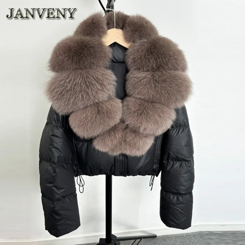JANVENY Large Natural Fox Fur Collar 90% White Duck Down Jacket Women Winter Short Waterproof PU Puffer Coat Female Thick Parkas