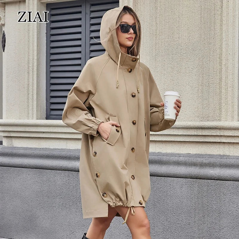 2025 Spring Windproof Rain Coat Khaki Color Women Trench Coat Fashion Style Hooded Long Trench Coat Women