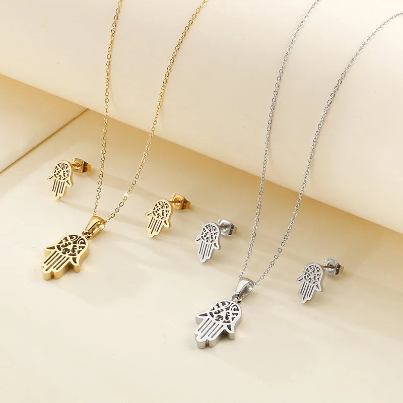 Wholesale Fashion Luxury Jewelry Set Palm Pendent Necklace Earring Set for Women Stainless Steel Necklace Earring