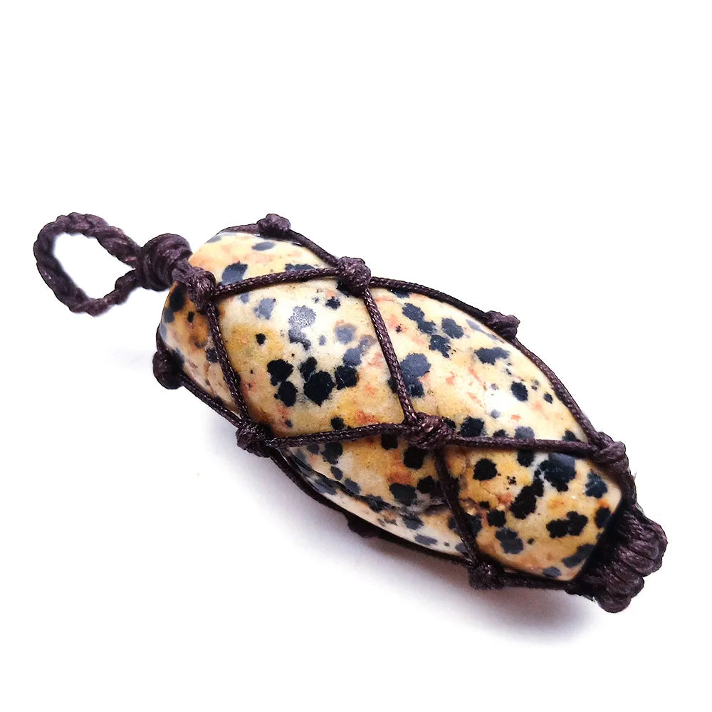 Diy Factory direct Natural mixed gemstone elliptical cylinder braided dalmatian jasper pendant keychain for crystal gift
