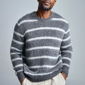 Men's Winter Warm Breathable Crewneck Sweater Soft Fuzzy Mohair Knit Pullover with Bold Horizontal Stripes Front Logo Position