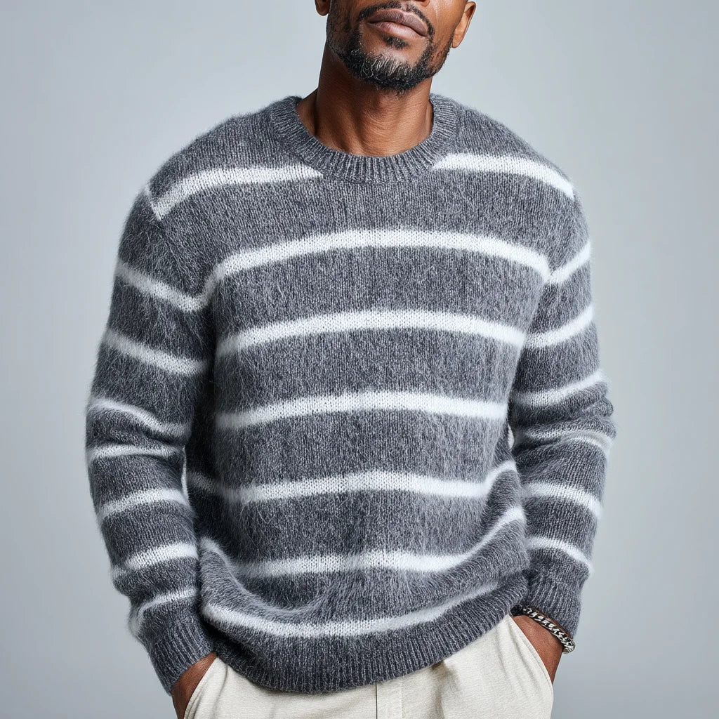 Men's Winter Warm Breathable Crewneck Sweater Soft Fuzzy Mohair Knit Pullover with Bold Horizontal Stripes Front Logo Position