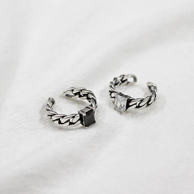 925 Sterling Silver Antique Ring Black Agate Chain Opening Personalized Ring Personalized New Trend
