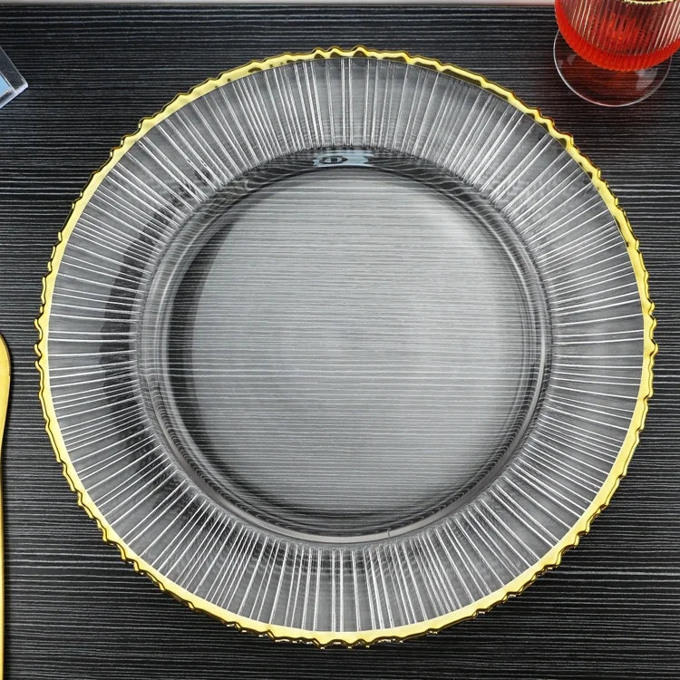 Hot Selling Modern Solid Pattern Eco-friendly Glass Charger Plates with Gold Rim for Hotels and Events