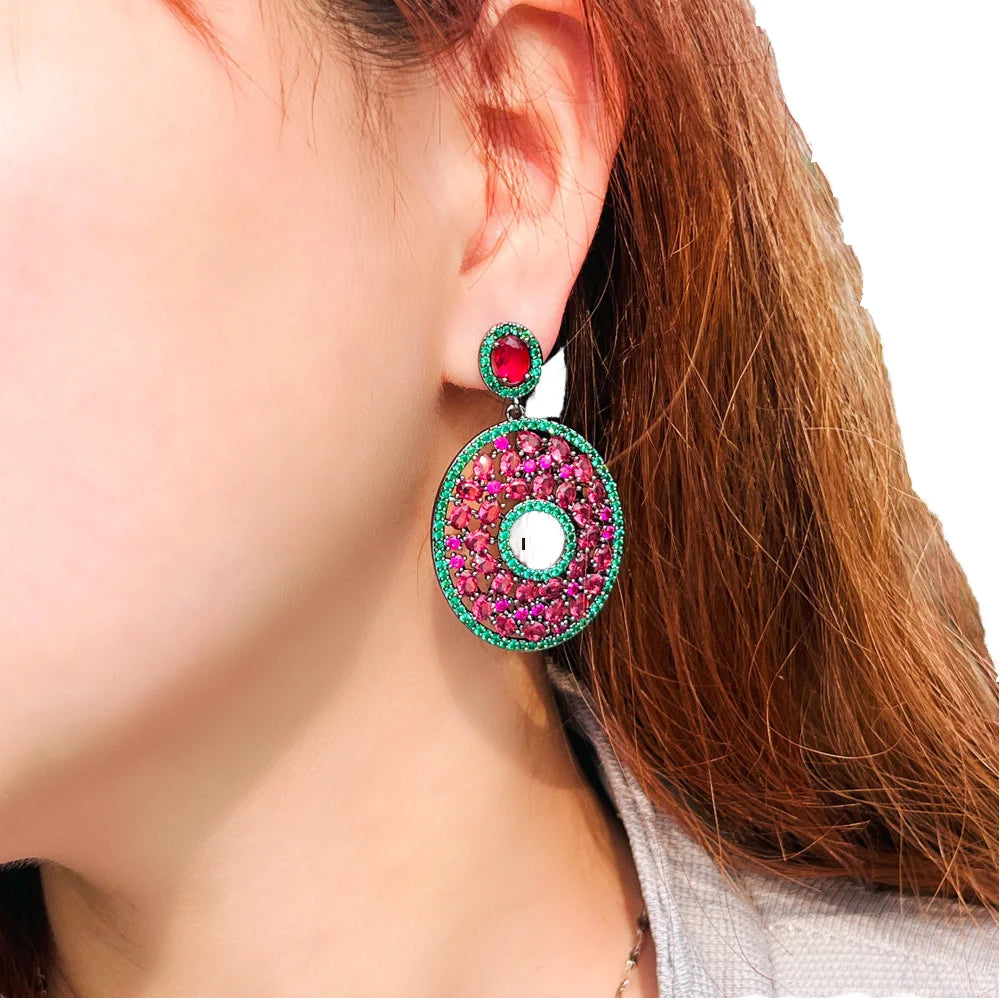 Luxury 925 Sterling Silver Post Gemstone Earrings Water Drop Pendant with Iced Out Cubic Zirconia CZ Round Drop Gold Plated