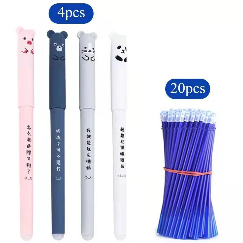 School Office Supplies Stationery Gift Blue Black Ink 0.35MM 4 Pcs/Set Kawaii Pig Bear Cat Office Storage Erasable Gel Pen