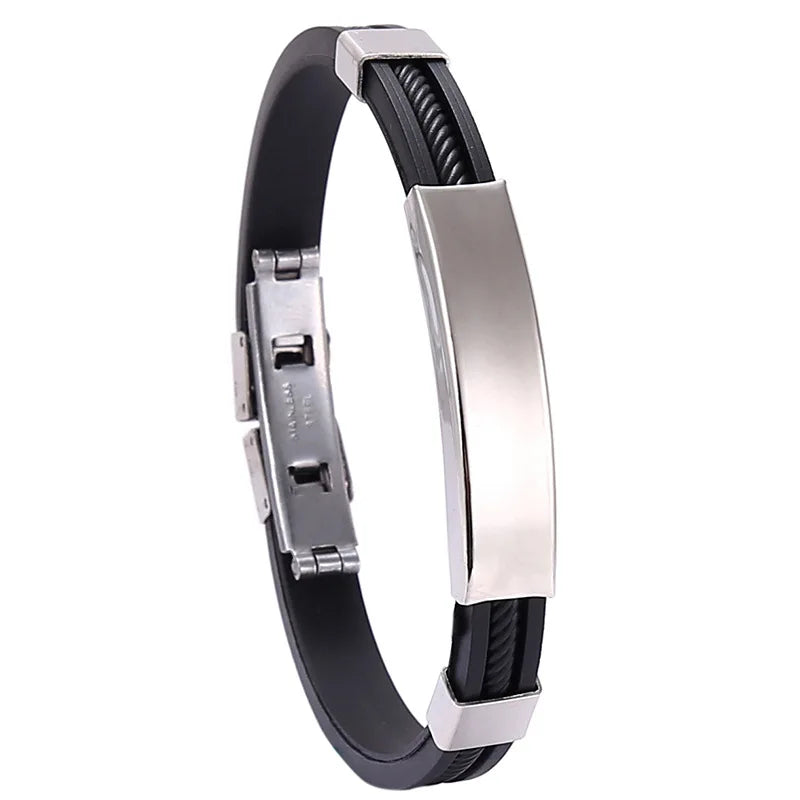 Blank Personalized Custom Logo Jewelry Men Stainless Steel Bangle Silicone Band Bracelet