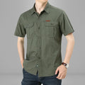 Ohsisa Wholesale Men Summer Cotton Short Sleeve Shirts Solid Color Button Lapel Pockets Work Tops Blouse Casual Shirt MegaBDM