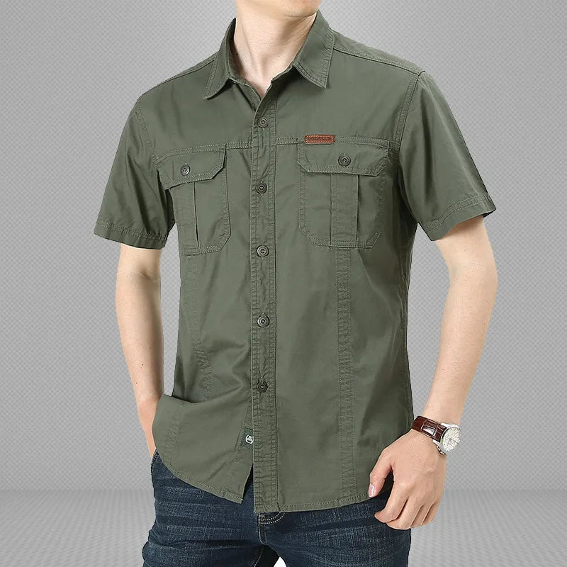 Ohsisa Wholesale Men Summer Cotton Short Sleeve Shirts Solid Color Button Lapel Pockets Work Tops Blouse Casual Shirt MegaBDM