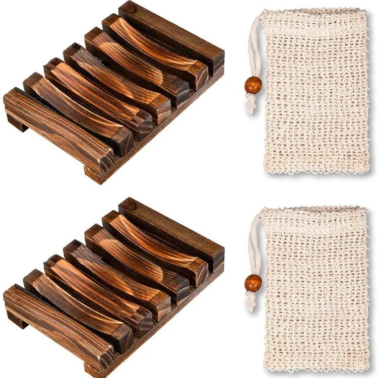 Best Selling Handmade Soap Dish Set Wooden Dish Holder with Exfoliating Soap Bag
