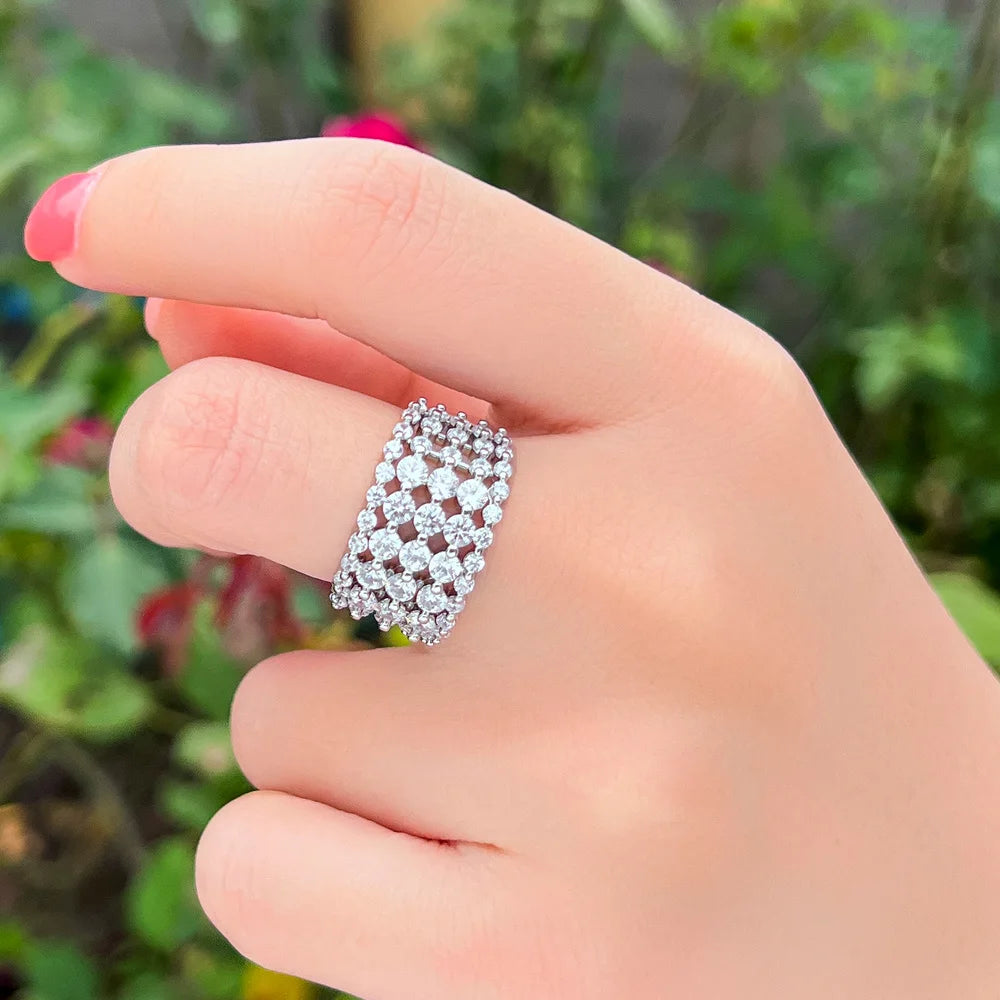 5 Layers Round Cubic Zirconia Stone Paved Luxury Adjustable Tennis Rings Jewelry Female Wedding Party Gift Accessories
