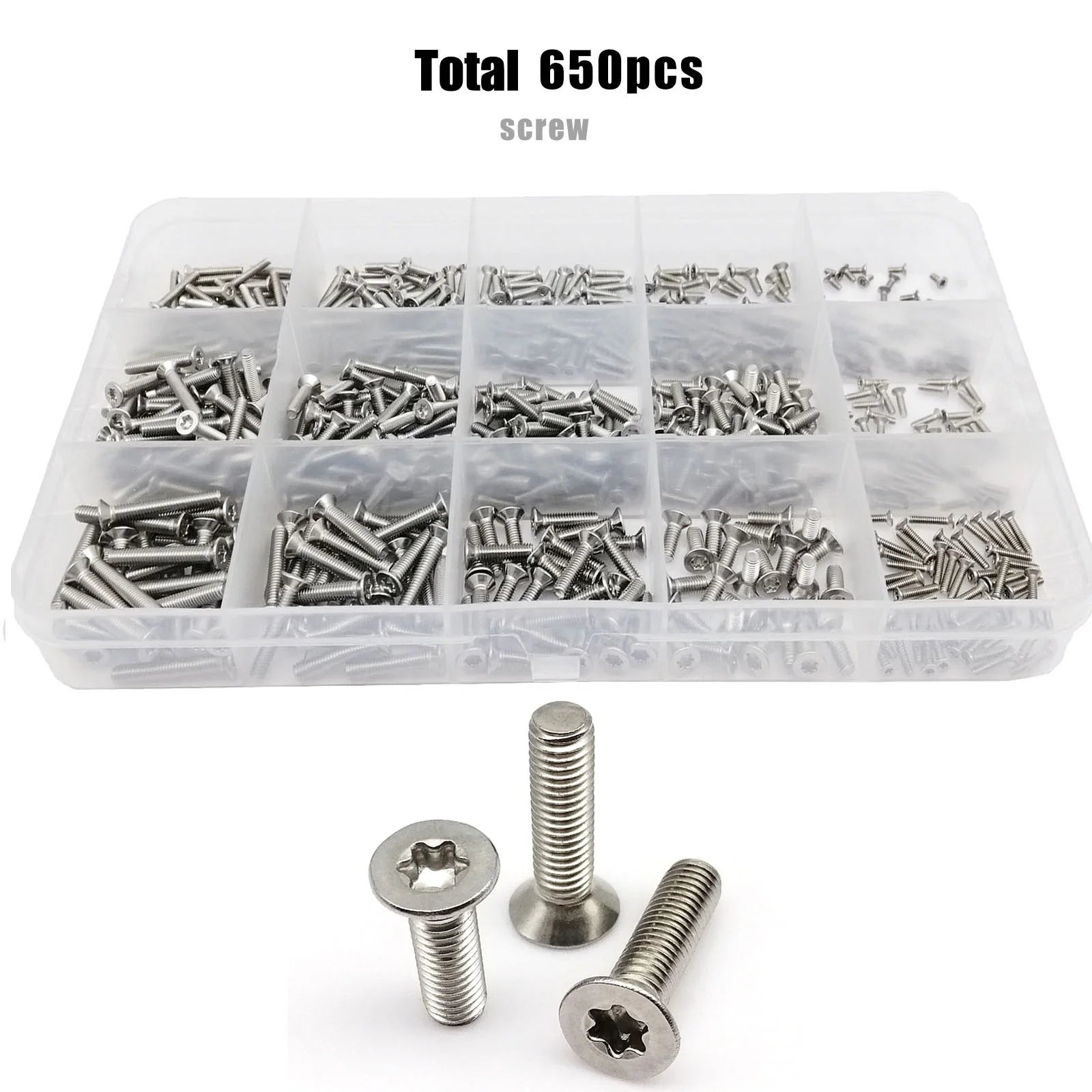 650pcs/box M1.6 M2 M2.5 M3 GB2673 304 Stainless Steel Torx Flat Countersunk Head Screw Bolt Set Assortment Kit Box