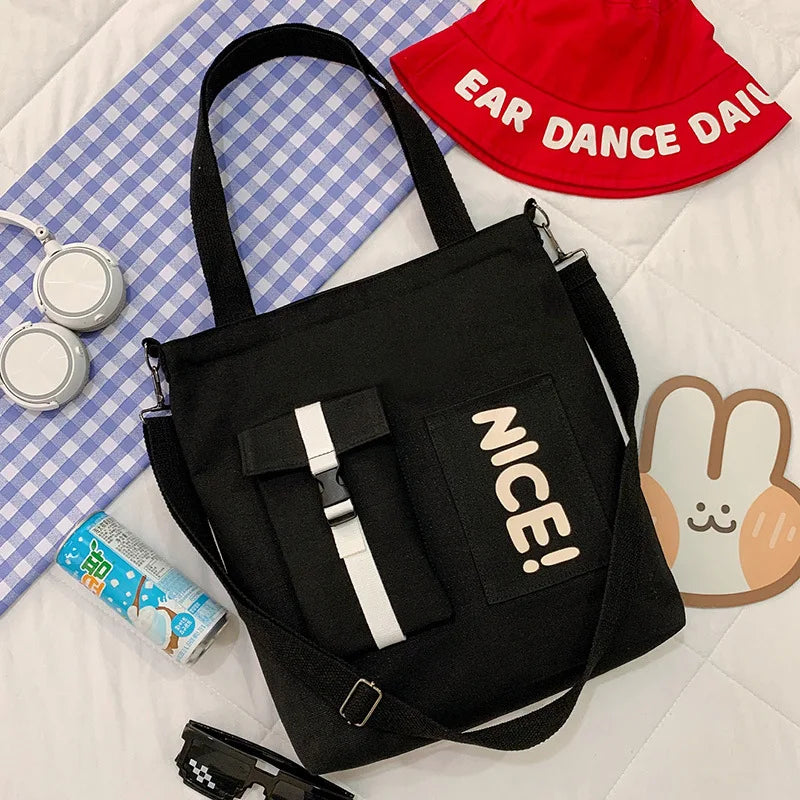 Multi Pocket Portable Durable Waterproof Canvas Square Tote Bag Zipper Closure Custom Logo Letter Print Student Handbags