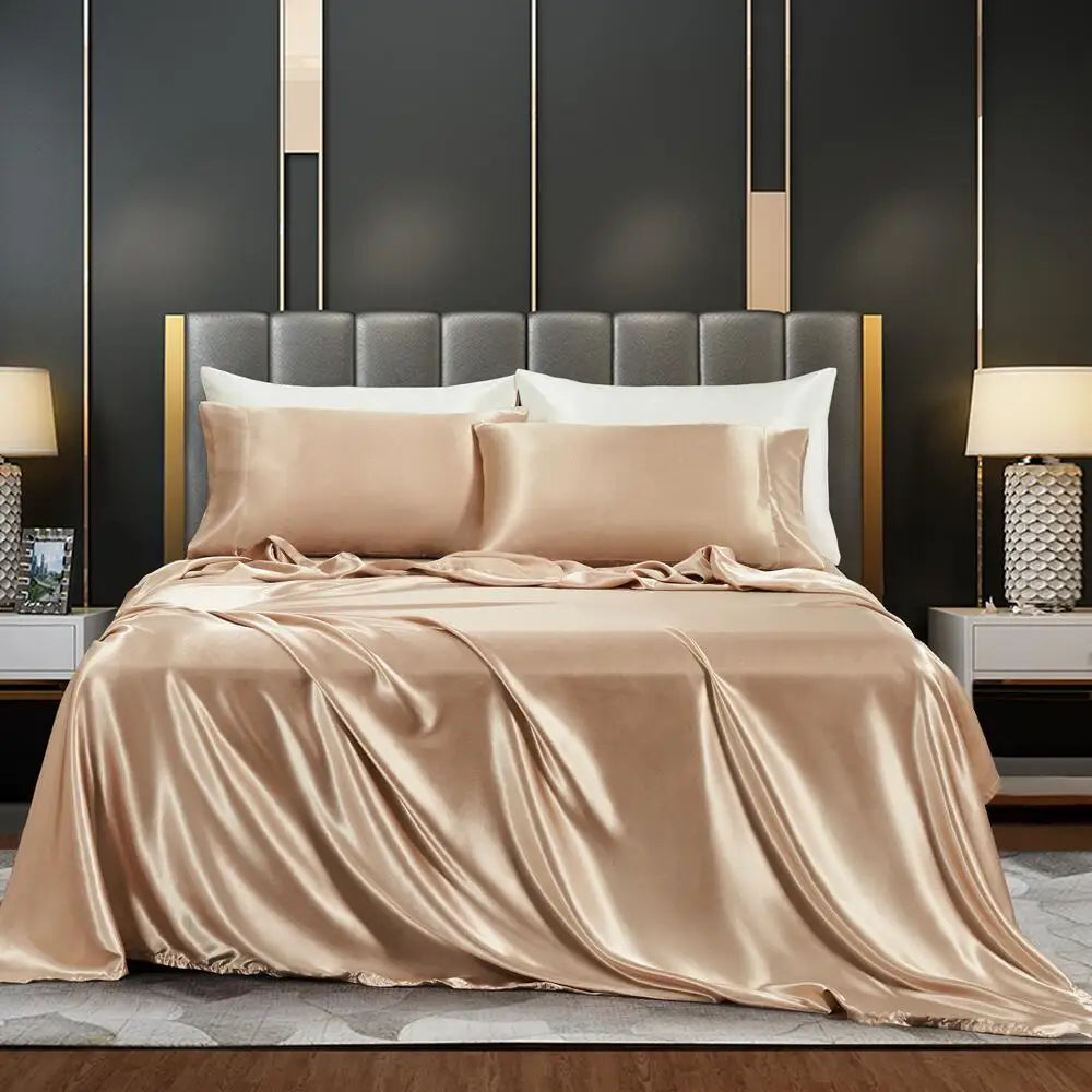 Wholesale Basics Lightweight Easy Care Solid Silky Satin Bed Sheet Set Queen King Size with 14inches Deep Pocket Woven Technics