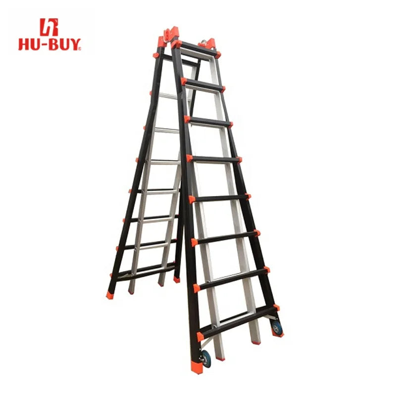 4X8 Modern Lightweight Industrial Black Extension Stand Telescopic Multipurpose Folding Ladder Wheels 150kg Capacity Aluminium