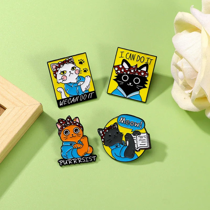 Black Letter Text Cat I Can Do It Enamel Lapel Pin Brooch Inspirational Backpack Badge Clothing Gift Jewelry for Friends
