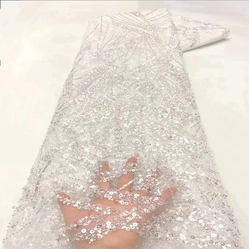 White Beaded Ivory Guipure Lace Fabric for Wedding Evening Dress