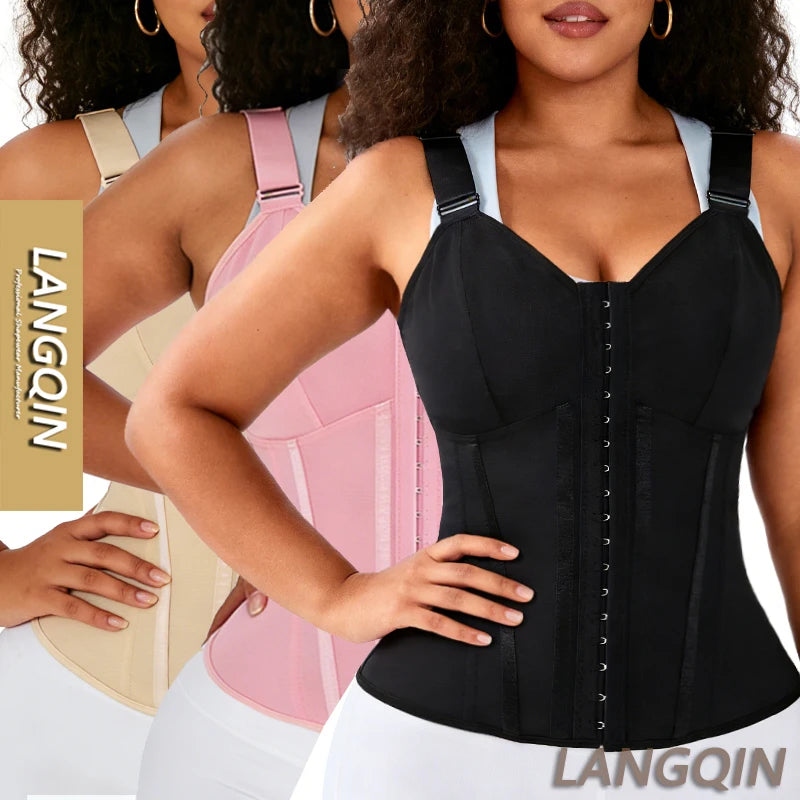 LANGQIN Women's 14 Steel Bone 2 Layers Breathable Quick Dry Plus Size Matte Polyester Zipper Corset Cincher Body Shaper Girdle