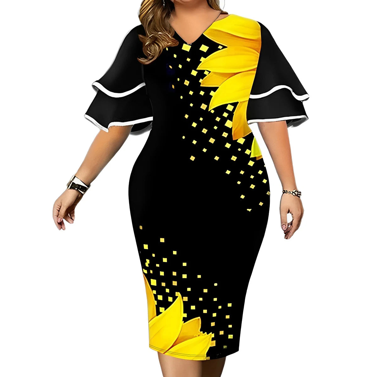 Women Clothing Dressdigital Print Plus Size Flying Sleeve Wrap Hip Casual Dress