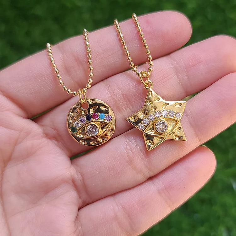 NZ1222 Popular Rainbow CZ Diamond Pave Enamel Shell Hand Evil Eyes Charm Pendant Necklaces