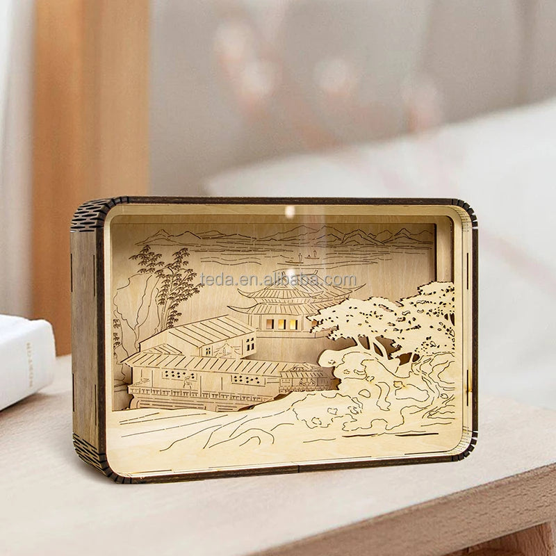3D Light and Shadow Wooden Carving Lamp Yellow Crane Tower Tourist Souvenir Wooden Small Night Light Cultural Gift