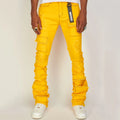 Washed Distressed Cargo Pockets Street Stacked Flare Raw Edge Stretch Denim Jeans for Men Slim
