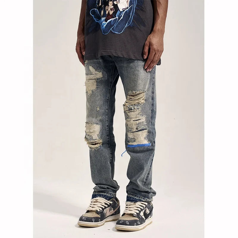 OEM FOG Private Blue Brand Drop Shipping Stock Patched Pants Paint Denim Men Jeans