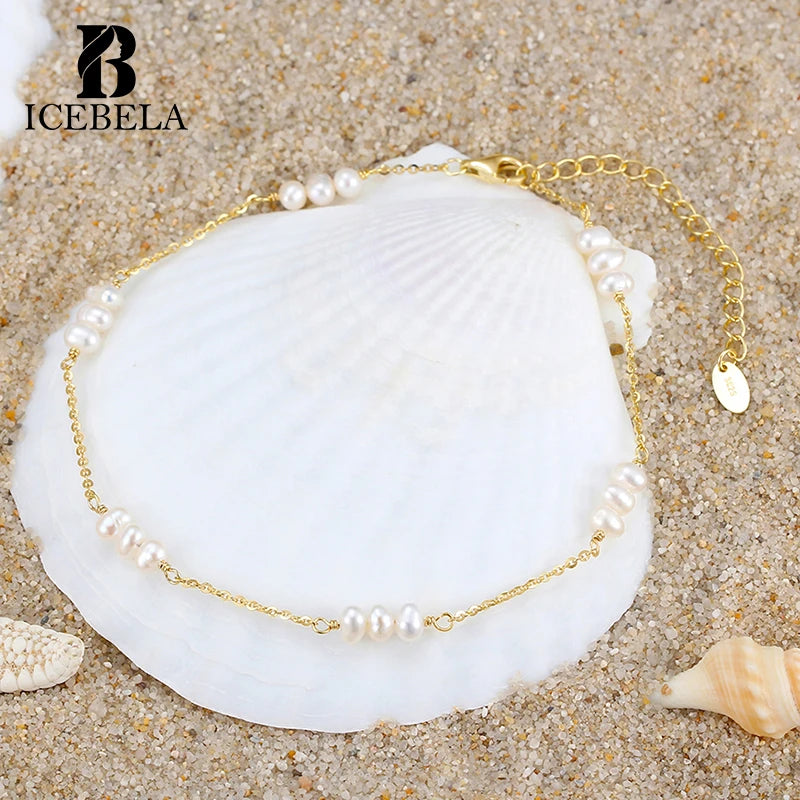 ICEBELA Summer Ancle Jewelry 925 Sterling Silver Ankle Luxury Pearl Anklets for Women 14K Gold Plated Ancle Chain Anklets